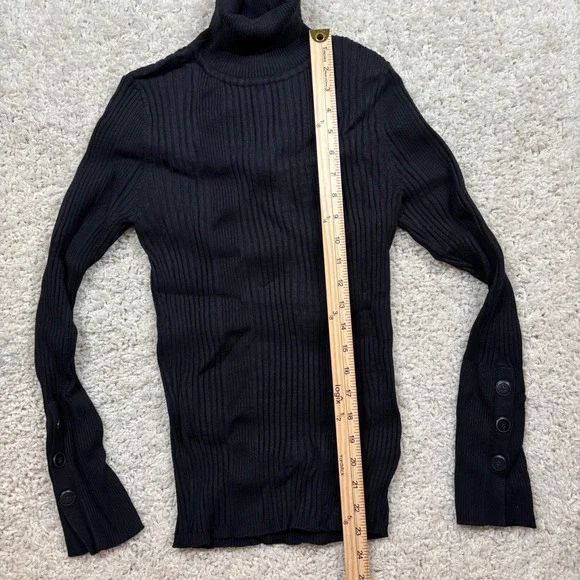 Moth Anthropologie Ribbed Turtleneck Sweater Black Button Sleeve Detail Size M - Picture 3 of 9